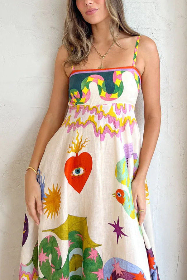 Midikleid aus Leinenmischung mit einzigartigem Print, gesmokter Rückseite und Taschen