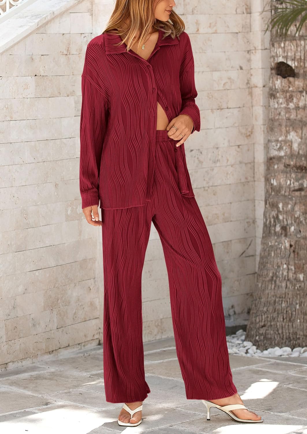 Women's 2 Piece Textured Sets Casual Button Down Shirt Wide Leg Pants Outfit Loungewear Tracksuit