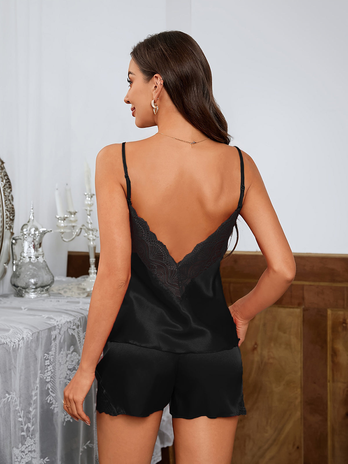🧚Women Satin Pajama Set Sexy V Neck Backless Lace Sleepwear