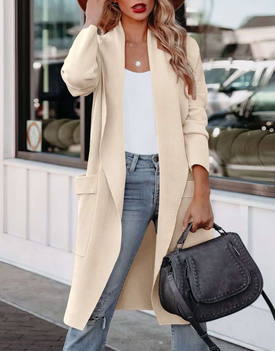 ANRABESS Women's Casual Long Sleeve Draped Open Front Knit Pockets Long Cardigan Jackets Sweater