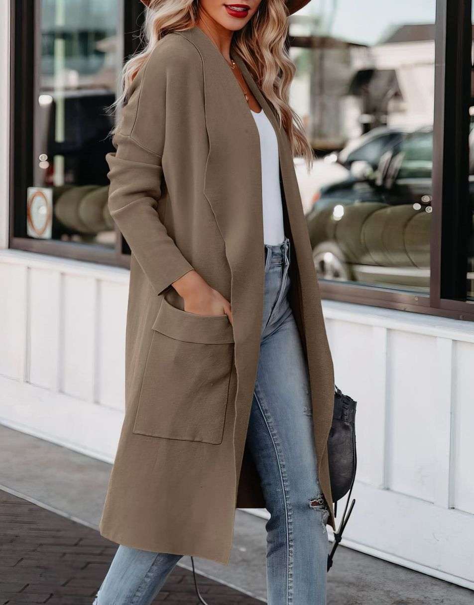 ANRABESS Women's Casual Long Sleeve Draped Open Front Knit Pockets Long Cardigan Jackets Sweater