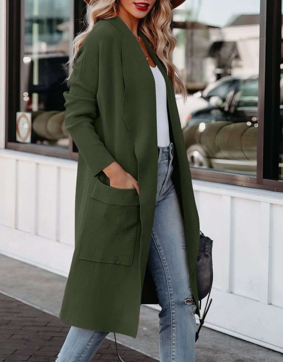 ANRABESS Women's Casual Long Sleeve Draped Open Front Knit Pockets Long Cardigan Jackets Sweater