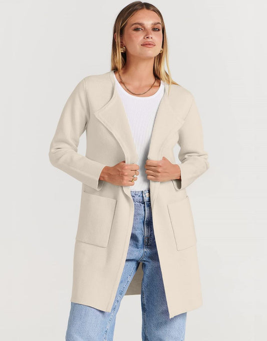 ANRABESS Women's Open Front Knit Cardigan Long Sleeve Lapel Casual Solid Classy Sweater Jacket