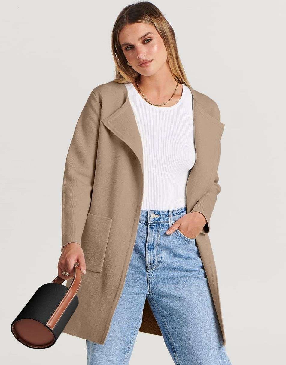 ANRABESS Women's Open Front Knit Cardigan Long Sleeve Lapel Casual Solid Classy Sweater Jacket