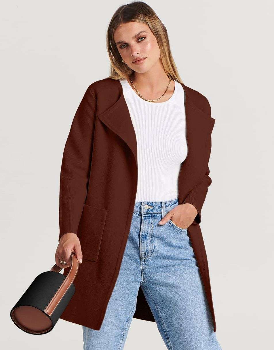 ANRABESS Women's Open Front Knit Cardigan Long Sleeve Lapel Casual Solid Classy Sweater Jacket