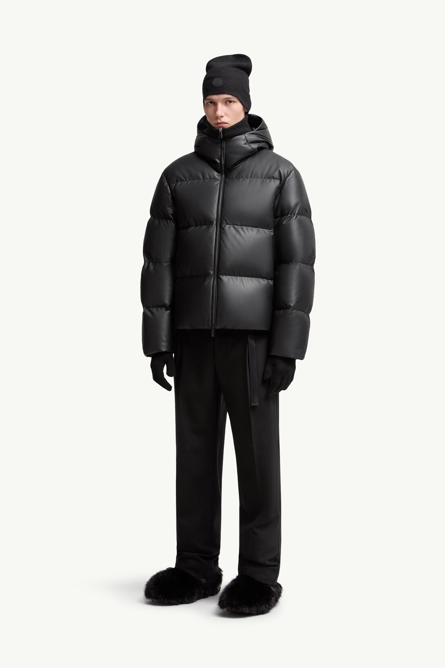 Mentone Hooded Nappa Leather Short Down Jacket